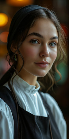 woman black apron white shirt portrait close shots faces consumer electronics professional street city looking away viewer female gentle smile turquoise eyes green clothes delicate eyebrows, generative aiの素材