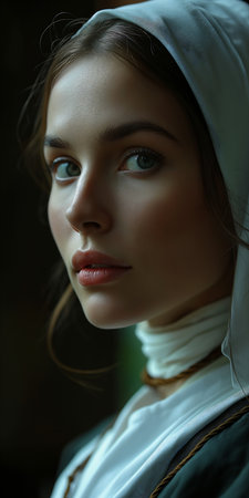 woman white head scarf collar arc super closeup angelic face wood elf uniquely pilgrim pores best, generative aiの素材