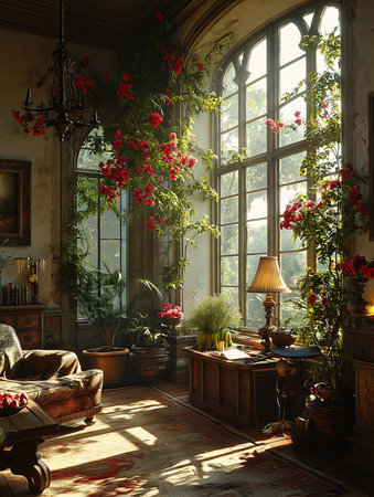 room lot plants couch translucent roses matte intense sunlight old house peaceful mood insanely big window wildflowers, generative aiの素材