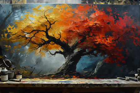 tree red leaves canvas studio wildfire swirling liquids bonsai, generative aiの素材