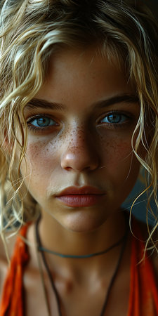 blond haired woman freckles blue eyes looking professional about princess curly hair scan aged uniquely pan micro, generative aiの素材