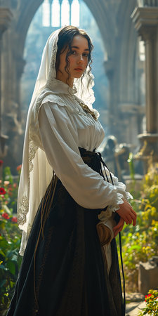woman white veil black dress traditional romanian clothing clothes dressed medieval vintage shirt temple hair young women, generative aiの素材