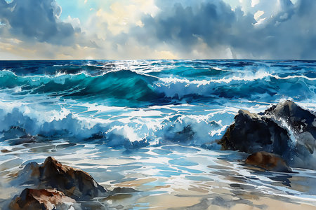 beach scene waves crashing sea forecasted sky deep beautifully, generative aiの素材