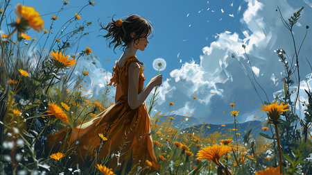woman yellow dress blowing nature clouds wildflowers grasses streaming view girl bright cute picking flowers illustration, generative aiの素材
