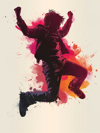man jumping air jacket illustration poster frantic dancing pose vibrant ink bursts listening music, generative aiの素材