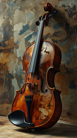 violin sitting wooden floor bass fine face fantastically painted oil old skin achingly tuning, generative aiの素材