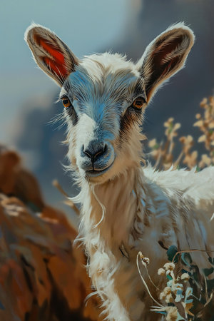 goat standing grass rocks monochromatic dream animal cute eyes samarkand deity spring video portrait, generative aiの素材