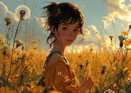 girl field flowers sky background golden hour look yellow makeup warm rendition hollow cheeks harsh sunlight dandelion cute, generative aiの素材