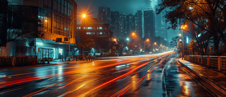 view city street night lot lights panoramic misty wet driving overcast dawn, generative aiの素材