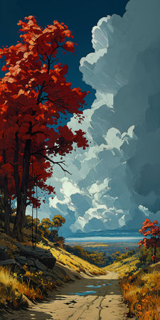 road trees sides blue red color forecasted sky tree top calm sea fall palette insane quality heavy compression colors, generative aiの素材