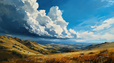 landscape mountain cloudy sky later confirm range mountains expansive grassy plain distant clouds mate large visible, generative aiの素材