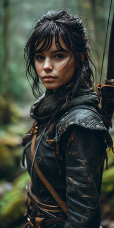 woman leather outfit holding bow arrow tael tusk entertainment alluring girl hair young closeup face adventure gear arcane wearing hood, generative aiの素材