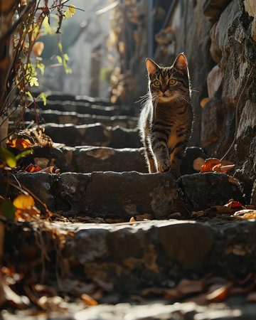 kitty cat kitten walking steps associated press sunny afternoon back viewer stone roads queen nature after battle defiant street journal, generative aiの素材