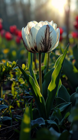 white black tulip field flowers lighting standing alone richly colored portrait, generative aiの素材