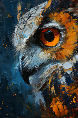 owl orange eyes upclose teal color palette knife high rated tracer blue wall, generative aiの素材