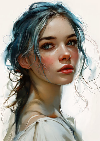 woman blue hair white shirt unusually unique beauty looks young talented painted bright deep color freckles girl feathers princess staples rose, generative aiの素材