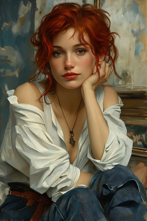 woman red hair sitting bed face body hybrid girl alps waitress pastel looking away viewer mana, generative aiの素材