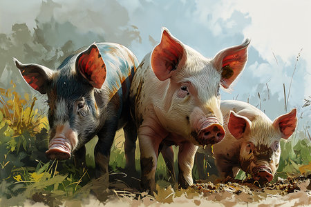 three pigs standing field grass weeds illustration blue face portrait mottled coloring mutated wildlife, generative aiの素材