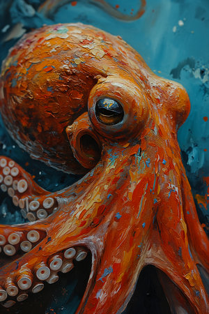 octopus ball paint back artsy header insanely fine oils oil impasto reliefs expressive eyes best chaotic sea setting golden mean mutated wildlife krakens perfect faces, generative aiの素材
