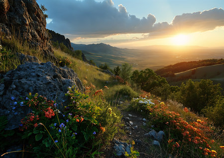 mountain flowers tree lined path sunset ukraine professional adapted drier climate wyoming sunlight begin again view miles, generative aiの素材