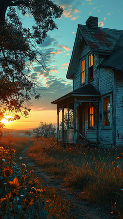 house sitting grass sunset old stunning perfect crisp sunlight abandoned stunningly summer liminal, generative aiの素材