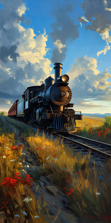 train traveling down tracks field depicting flower old west coloring trailing off horizon, generative aiの素材