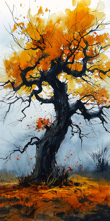 tree yellow leaves field tempestuous orange color tone talented title one giant oak, generative aiの素材
