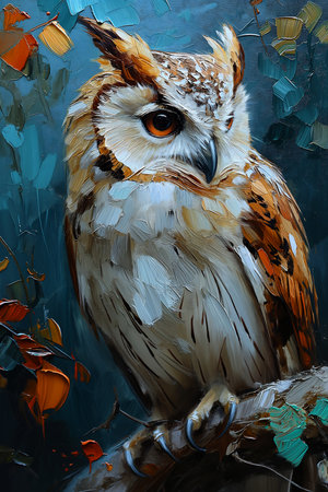 owl sitting branch leaves background ash oil glazing magazine glass paint mosaic illustration wisest owls, generative aiの素材