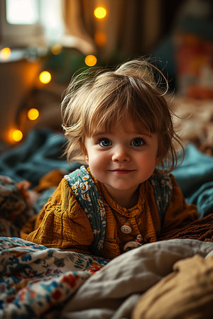 little girl bed blanket light hair blue eyes consumer electronics perfect face portrait mischievous round smiling viewer human babies cute good night adorable outfit autumn princess, generative aiの素材