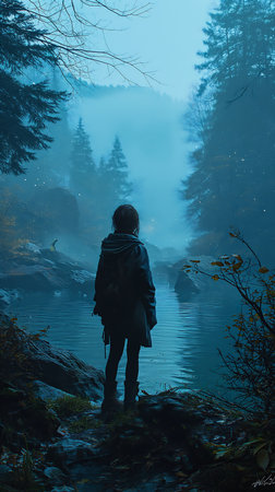 man standing rock deep last spooky still forest drawing favorite girl wearing hoodie river full lights young princess magic gentle sparkling stream, generative aiの素材