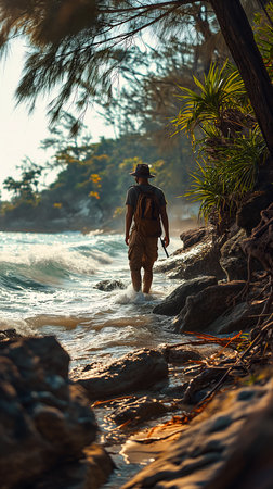 man walking along beach backpack jungle environment half body natural skin wild deep unconnected vague, generative aiの素材
