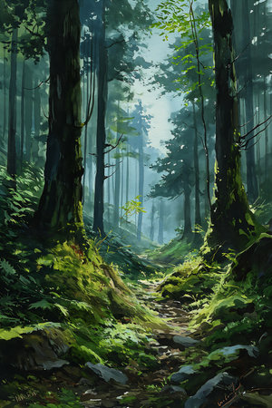 path forest lot trees young illustration diffuse sunlight masterful, generative aiの素材