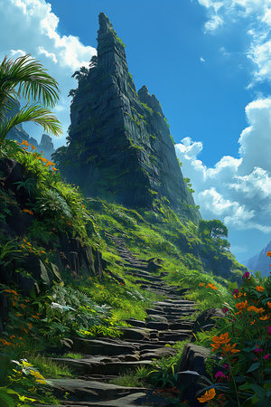mountain path going scenic background large jungle flowers steps avatar skyscrapers greenery video file still stairways near temple atlantis hot sunny nature, generative aiの素材
