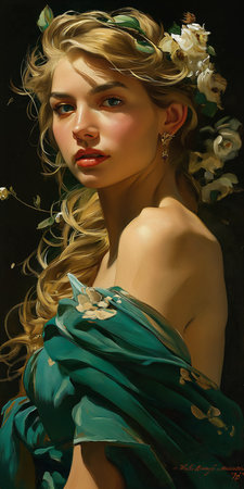 woman flower hair extra light natural blonde elf wistful bosom facial proportions portrait closeup alluring warrior emerald, generative aiの素材