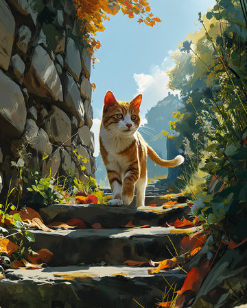 kitty cat kitten walking steps studio key visual cute sunflower field greeting warmly cheddar streaming nature magazine, generative aiの素材