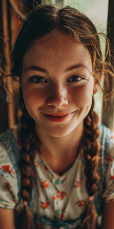 closeup young girl braids smiling professional cute freckles deep dimples looking window down princess german insanely face alpine teen, generative aiの素材