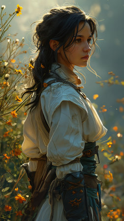 woman white dress standing field rich deep color swashbuckler class pirate soft autumn sunlight depicting flower girl, generative aiの素材