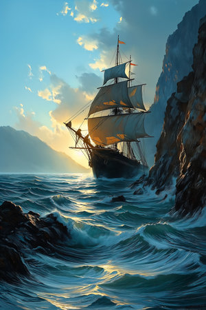 ship sailing ocean near rocky cliff entertainment wind blowing old boat outside large window golden dawn worthlessness computer sword wand deep turbulent, generative aiの素材