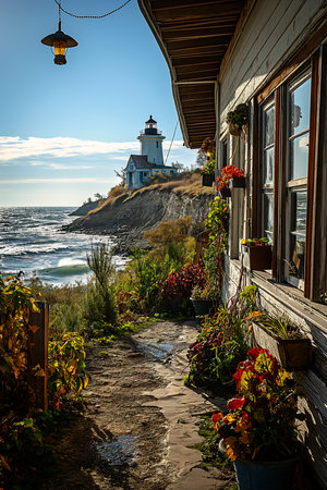 path leading house light sea background lamps flowers fall foliage compass energy flowing old buildings city road lighthouse street window hat sunlight shadows, generative aiの素材