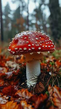 mushroom sitting ground leaves red scales high definition white color above below forbidden beauty organic armor substance mine, generative aiの素材