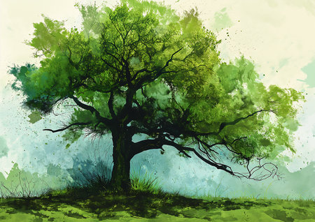tree green leafy branch grassy field environmental key banner cherished trees design house header breathtaking, generative aiの素材