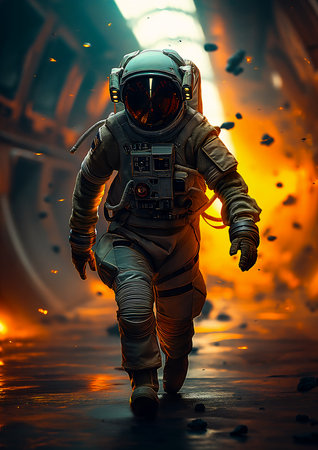 astronaut space suit walking tunnel bright light popular out flames digital descent lost world upwards, generative aiの素材
