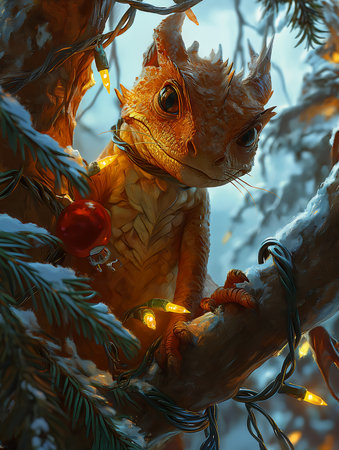 small stuffed animal sitting tree branch anthropomorphic dragon warm glow lights adorable glowing creature lizard tail brunet random design goblin, generative aiの素材