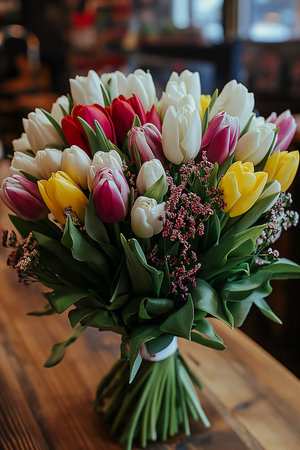 bouquet flowers sitting table tulips coherent smiling sweetly please best white outline border welcome tulip bright thank behind desk good night opening listing, generative aiの素材
