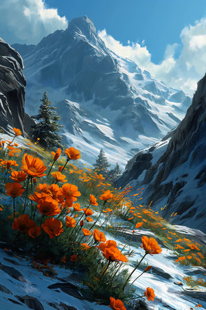 mountain orange flowers foreground winter elf field screen background bar picking daisies tundra, generative aiの素材