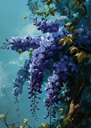 blue flowered tree green leaves sky cartoon lilacs full swinging vine chasm purple bright portrait half body cropping overlord, generative aiの素材