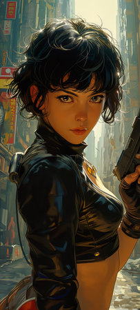closeup woman holding gun city anthropomorphic female kitty cat kitten girl black hair coloring korean widow, generative aiの素材