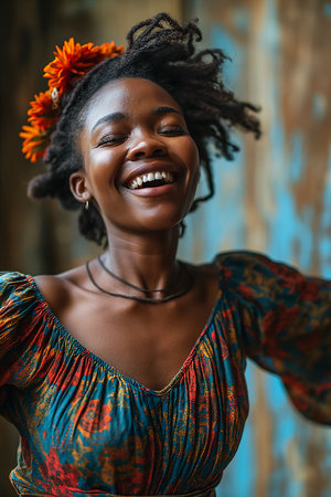 smiling woman dreadlocks flower hair black young dancing girl birdcage head pure joy loose fitting blouses god holding long staff, generative aiの素材