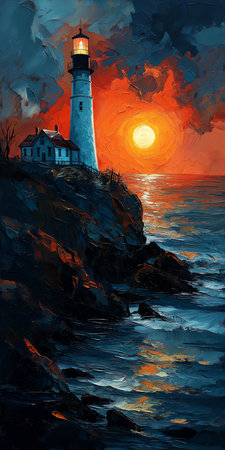 lighthouse rocky shore sunset illustrated top cow comics lantern light besides romance book cover rustic enormous secure stands easel brush, generative aiの素材