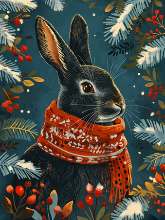 rabbit wearing scarf seasonal red black color scheme festive clothing nature journal illustrations girl hair, generative aiの素材